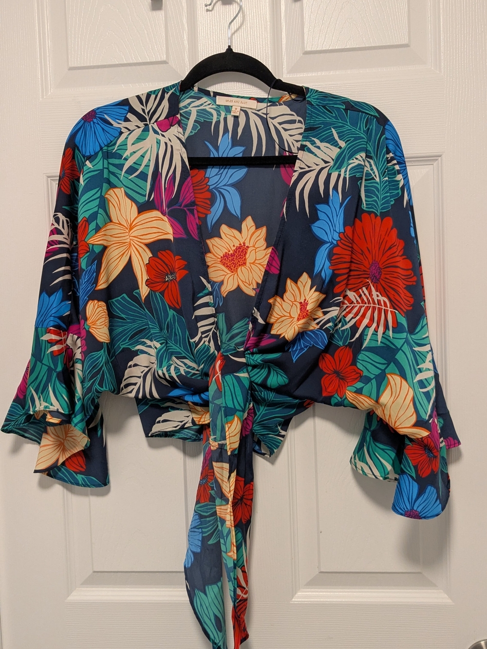 Skies Are Blue Navy Tropical Floral Tie-Front Crop Top